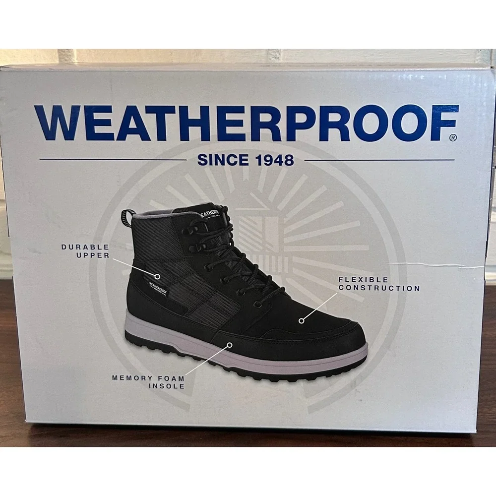 NWT Weatherproof Jenkins Mens 9 Black Mid Top Memory Foam Hiking Boots Atheisure